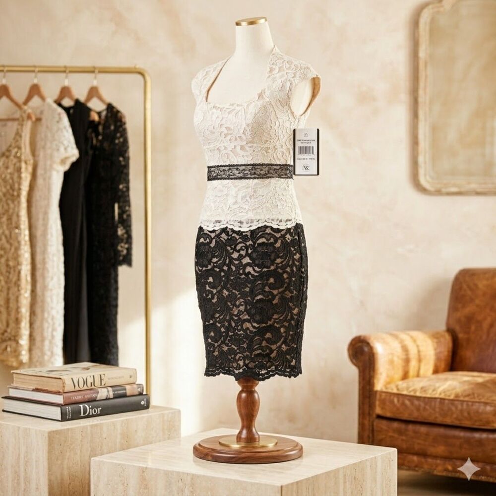 JAX Two Toned Ivory/Black Lace Fitted Dress with Lace Belt Size 2
